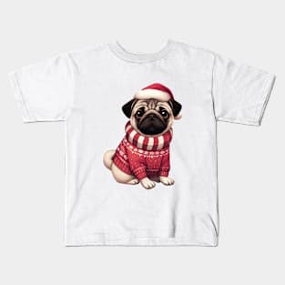 Cute Christmas Pug in Red Sweater Kids T-Shirt